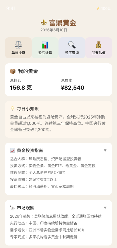 富鼎黄金首页的黄金价格与价值信息界面